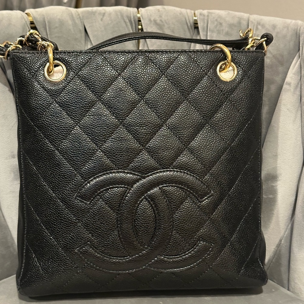 Chanel PST Petite Shopping Tote shoulder bag Black Caviar with gold hardware.